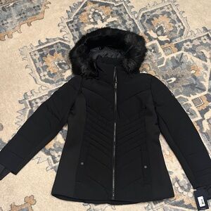 Women's London Fog Faux Fur Trimmed Hooded Puffer Jacket Black Medium